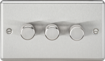 Knightsbridge Round Edge Brushed Chrome 3 Gang 2-Way 10-200W (5-150W LED) Trailing Edge Dimmer