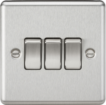 Knightsbridge Round Edge Brushed Chrome 3 Gang 10 Amp 2 Way Light Switch