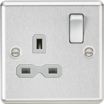 Knightsbridge Round Edge Brushed Chrome 1 Gang 13A Double Pole Switched Plug Socket with Grey Insert