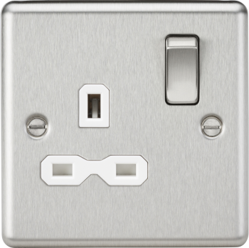 Knightsbridge Round Edge Brushed Chrome 1 Gang 13A Double Pole Switched Plug Socket with White Insert