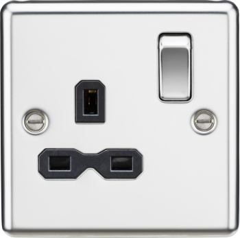 Knightsbridge Round Edge Polished Chrome 1 Gang 13A Double Pole Switched Plug Socket with Black Insert