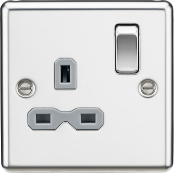 Knightsbridge Round Edge Polished Chrome 1 Gang 13A Double Pole Switched Plug Socket with Grey Insert