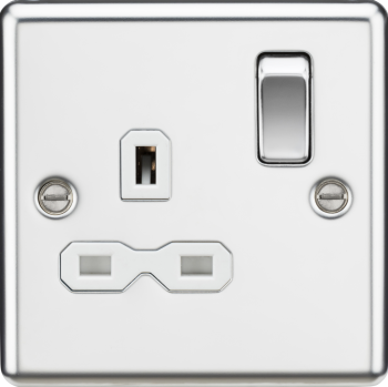 Knightsbridge Round Edge Polished Chrome 1 Gang 13A Double Pole Switched Plug Socket with White Insert