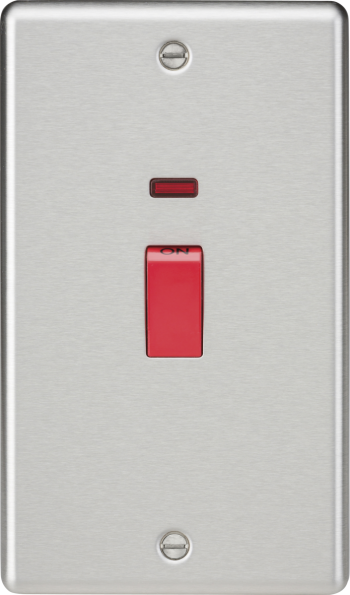 Knightsbridge Round Edge Brushed Chrome 45A Double Pole Cooker Switch with Black Inserts & Neon
