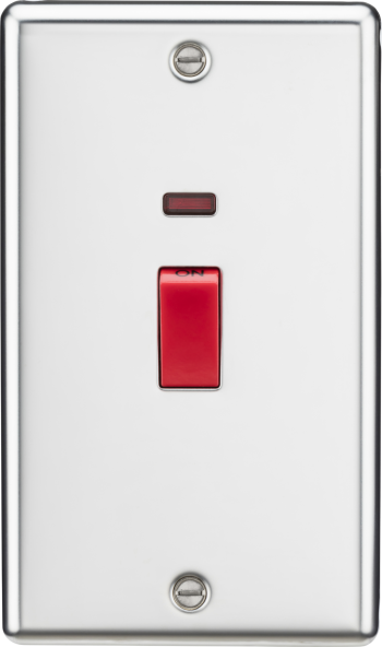 Knightsbridge Round Edge Polished Chrome 45A Double Pole Cooker Switch with Black Inserts & Neon