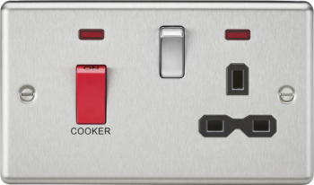 Knightsbridge Round Edge Brushed Chrome 45A DP Cooker Switch & 13A Switched Socket with Neons