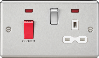 Knightsbridge Round Edge Brushed Chrome 45A Double Pole Cooker Switch with White Inserts & Neon