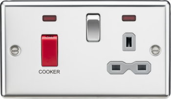 Knightsbridge Round Edge Polished Chrome 45A Double Pole Cooker Switch with Grey Inserts & Neon