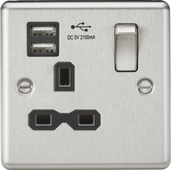 Knightsbridge Round Edge Brushed Chrome 1 Gang 13A Switched Plug Socket Dual USB Charger Slots with Black Insert