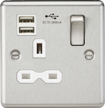Knightsbridge Round Edge Brushed Chrome 1 Gang 13A Switched Plug Socket Dual USB Charger Slots with White Insert