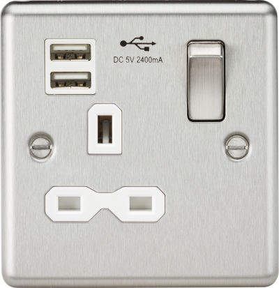 Knightsbridge Round Edge Brushed Chrome 1 Gang 13A Switched Plug Socket Dual USB Charger Slots with White Insert