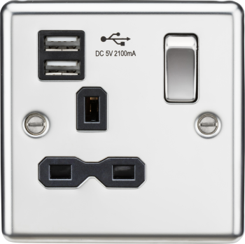 Knightsbridge Round Edge Polished Chrome 1 Gang 13A Switched Plug Socket Dual USB Charger Slots with Black Insert
