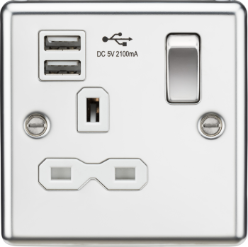 Knightsbridge Round Edge Polished Chrome 1 Gang 13A Switched Plug Socket Dual USB Charger Slots with White Insert