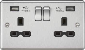 Knightsbridge Round Edge Brushed Chrome 2 Gang 13A Switched Plug Socket with Dual USB charger A + A (2.4A) with Black Insert