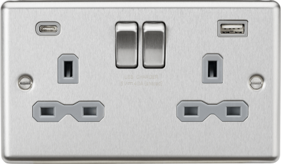 Knightsbridge Round Edge Brushed Chrome 13A 2G SP Switched Socket with dual USB C+A 5V DC 4.0A
