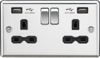 Knightsbridge Round Edge Polished Chrome 2 Gang 13A Switched Plug Socket with Dual USB charger A + A (2.4A) with Black Insert