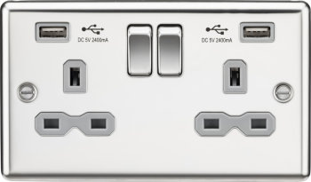 Knightsbridge Round Edge Polished Chrome 2 Gang 13A Switched Plug Socket with Dual USB charger A + A (2.4A) with Grey Insert