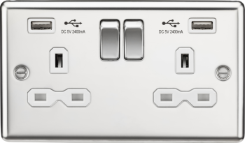Knightsbridge Round Edge Polished Chrome 2 Gang 13A Switched Plug Socket with Dual USB charger A + A (2.4A) with White Insert
