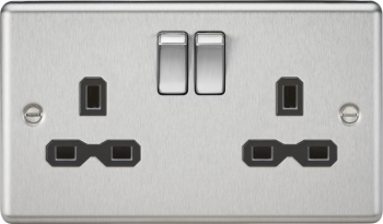 Knightsbridge Round Edge Brushed Chrome 2 Gang 13A Double Pole Switched Plug Socket with Black Insert