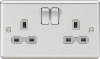 Knightsbridge Round Edge Brushed Chrome 2 Gang 13A Double Pole Switched Plug Socket with Grey Insert