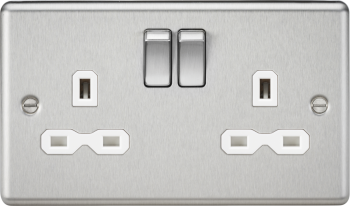 Knightsbridge Round Edge Brushed Chrome 2 Gang 13A Double Pole Switched Plug Socket with White Insert
