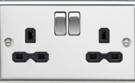 Knightsbridge Round Edge Polished Chrome 2 Gang 13A Double Pole Switched Plug Socket with Black Insert