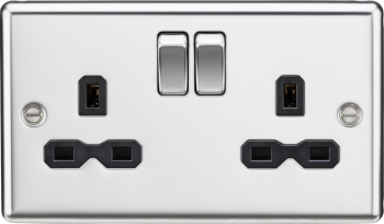 Knightsbridge Round Edge Polished Chrome 2 Gang 13A Double Pole Switched Plug Socket with Black Insert