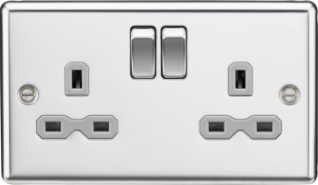 Knightsbridge Round Edge Polished Chrome 2 Gang 13A Double Pole Switched Plug Socket with Grey Insert