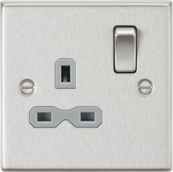 Knightsbridge Raised Square Edge Brushed Chrome 13A 1 Gang DP Switched Socket with Grey Insert