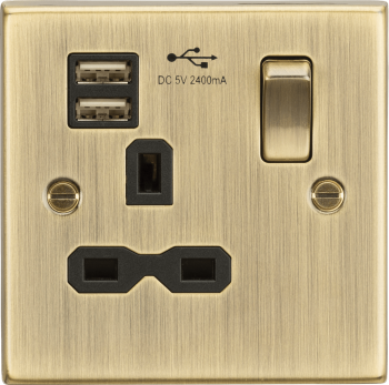 Knightsbridge Square Edge Antique Brass 13A 1 Gang Switched Socket Dual USB Charger Slots with Black Insert