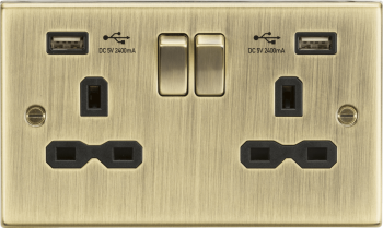 Knightsbridge Antique Brass 13A 2 Gang Switched Socket with Dual USB Charger A + A (2.4A) (Black Insert)