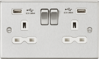 Knightsbridge Raised Square Edge Brushed Chrome 13A 2 Gang Switched Socket with Dual USB Charger A + A (2.4A)