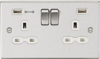 Knightsbridge Raised Square Edge Brushed Chrome 13A 2 Gang DP Switched Socket with Dual USB Charger (Type-A FASTCHARGE port)
