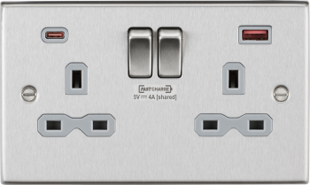 Knightsbridge Raised Square Edge Brushed Chrome 13A 2 Gang DP Switched Socket with Dual USB Charger A + C (FASTCHARGE)