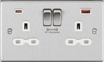Knightsbridge Raised Square Edge Brushed Chrome 13A 2G DP switched socket with dual USB A + C (FASTCHARGE)