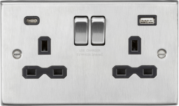 Knightsbridge Raised Square Edge Brushed Chrome 13A 2 Gang Single Pole Switched Socket with Dual USB A+C (5V DC 4.0A shared)