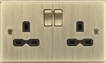 Knightsbridge Square Edge Antique Brass 13A 2 Gang Switched Socket with Black Insert