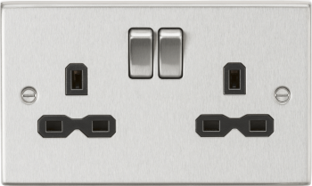 Knightsbridge Raised Square Edge Brushed Chrome 13A 2 Gang DP Switched Socket with Black Insert
