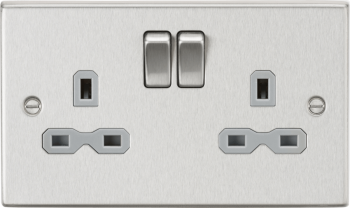 Knightsbridge Raised Square Edge Brushed Chrome 13A 2 Gang DP Switched Socket with Grey Insert