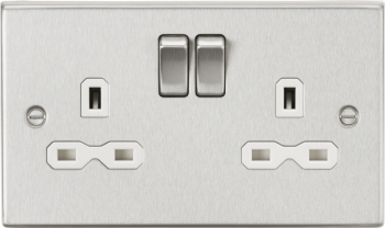 Knightsbridge Raised Square Edge Brushed Chrome 13A 2 Gang DP Switched Socket with White Insert