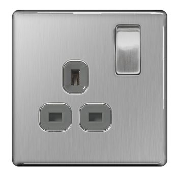 BG Electrical Screwless Flat Plate Brushed Steel, 13A Single Switched Socket, Grey Inserts