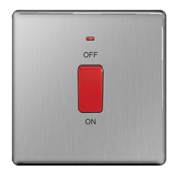 BG Electrical Screwless Flat Plate Brushed Steel, 45A Single Cooker Switch with Neon