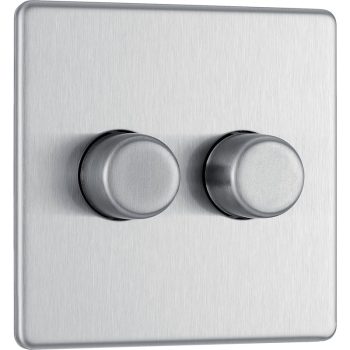 BG Electrical Screwless Flat Plate, Brushed Steel, 2 Gang Dimmer Switch, 2 Way, Trailing Edge 200W