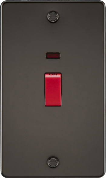 Knightsbridge Flat Plate Gunmetal 45A Double Pole Cooker Switch with Black Inserts & Neon