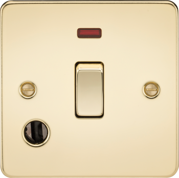 Knightsbridge Flat Plate Polished Brass 20 Amp 1 Gang DP Switch with Neon and Flex Outlet