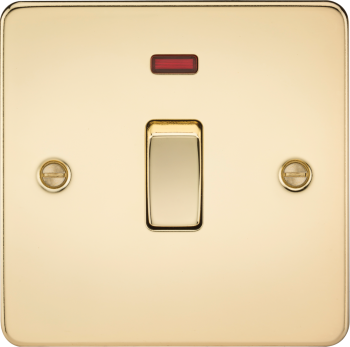 Knightsbridge Flat Plate Polished Brass 20 Amp 1 Gang DP Switch with Neon