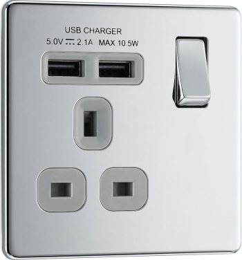 BG Electrical Screwless Flat Plate, Polished Chrome, Single Switched, Charging Power Socket With Two USB Charging Ports