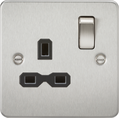 Knightsbridge Flat Plate Brushed Chrome 13A 1 Gang DP Switched Plug Socket with Black Insert
