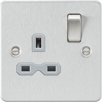 Knightsbridge Flat Plate Brushed Chrome 13A 1 Gang DP Switched Plug Socket with Grey Insert