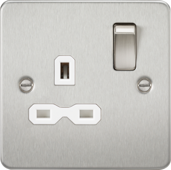 Knightsbridge Flat Plate Brushed Chrome 13A 1 Gang DP Switched Plug Socket with White Insert